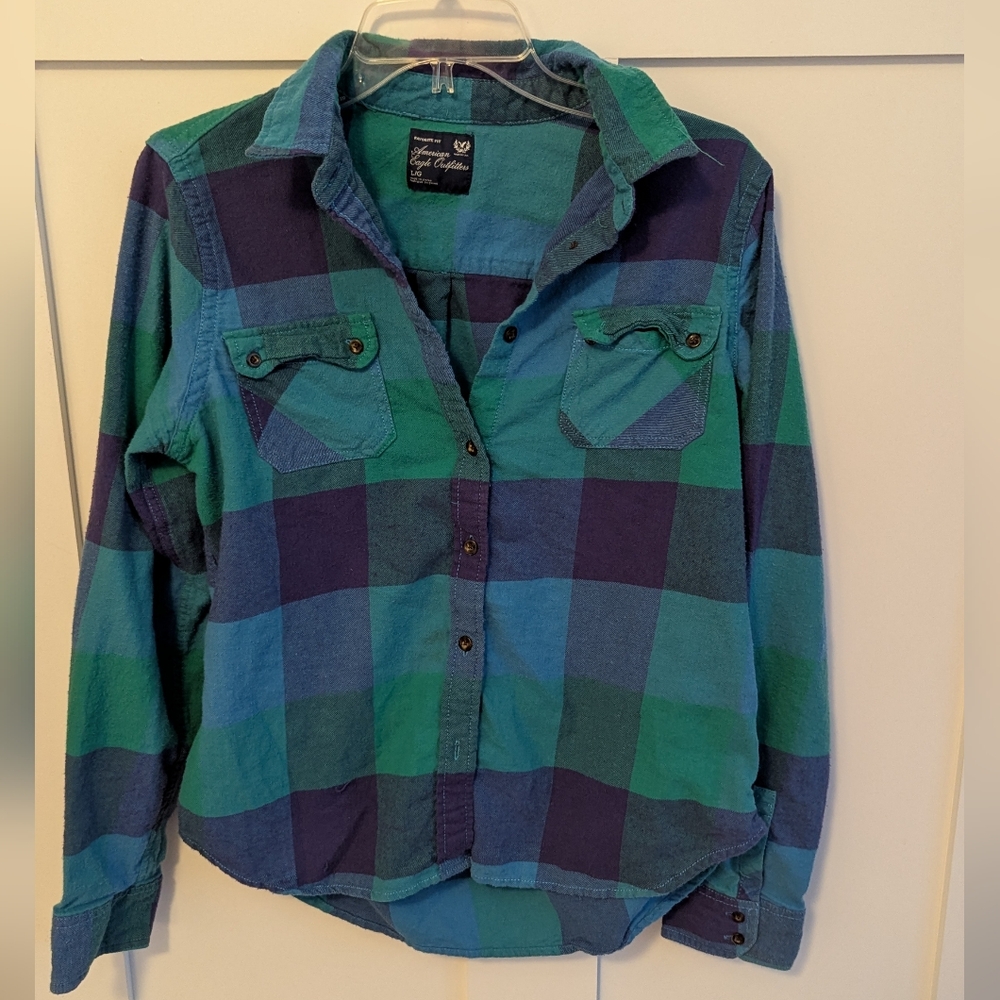 American Eagle Plaid Shirt - Blue and Green Size Large